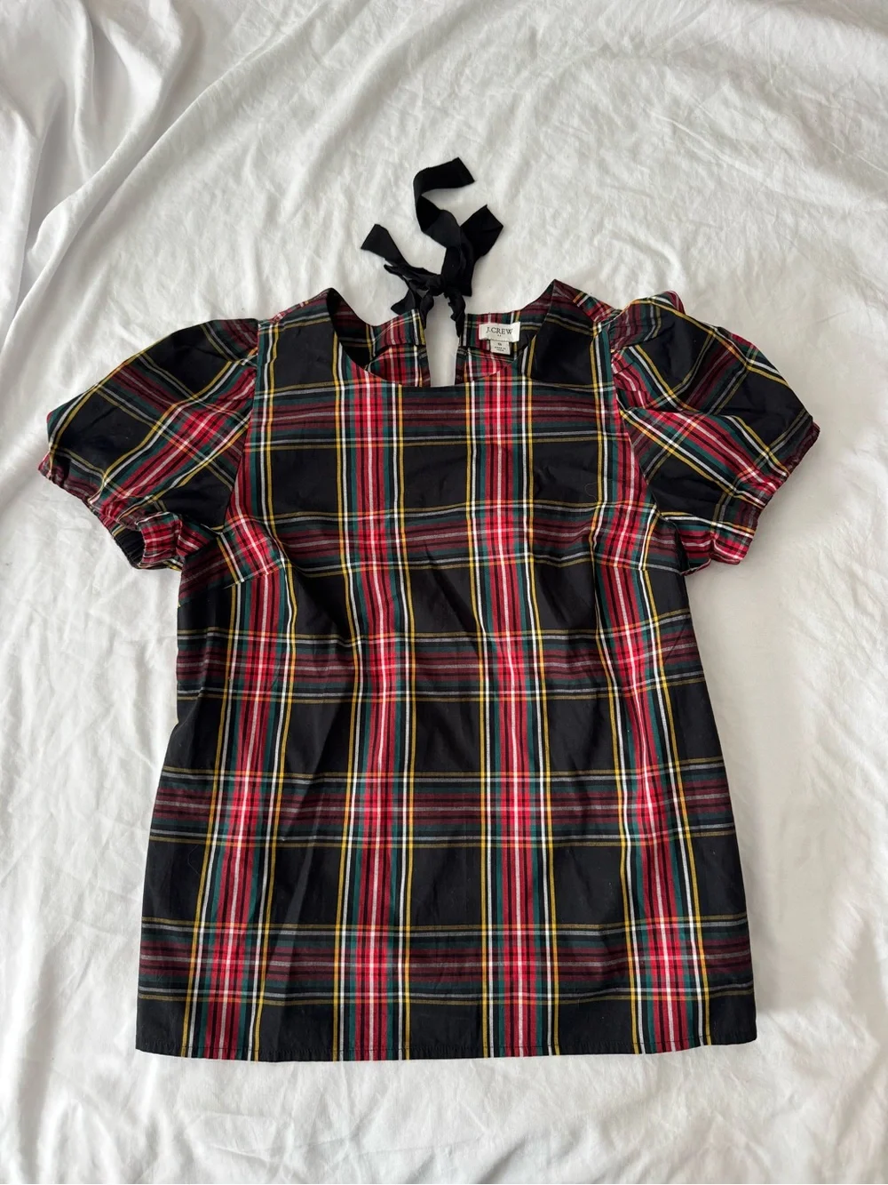 J. Crew Black Red Plaid Puff-Sleeve Tie-Neck Blouse